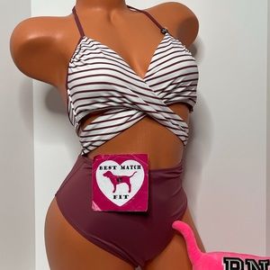 Victoria’s Secret PINK M L Logo One-piece Swimsuit Criss Cross Cut Out Stripes